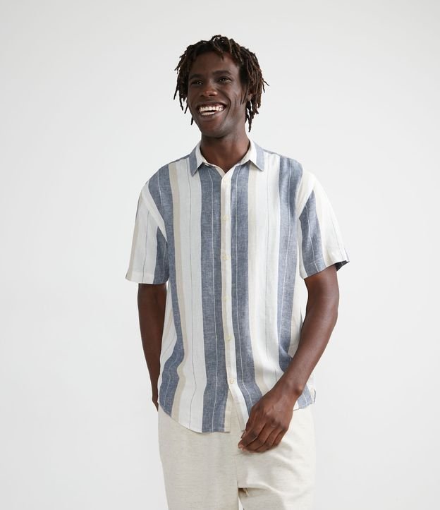 Camisa Comfort em Viscolinho com Listras Verticais - Cor: Azul - Tamanho: P