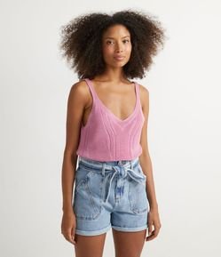 Blusa Regata em Tricô com Decote V e Barra Mullet