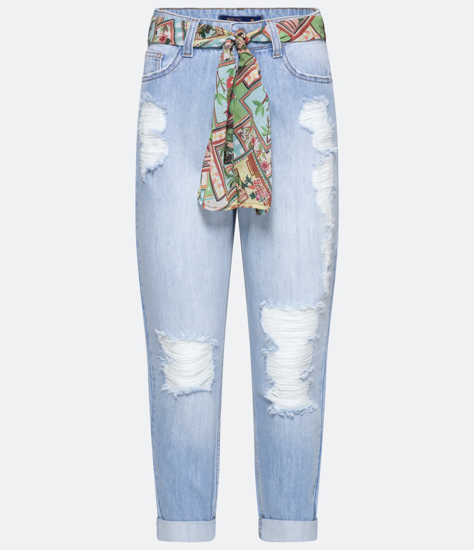 Calça Mom Jeans com Puídos e Cinto de Lenço Azul 6