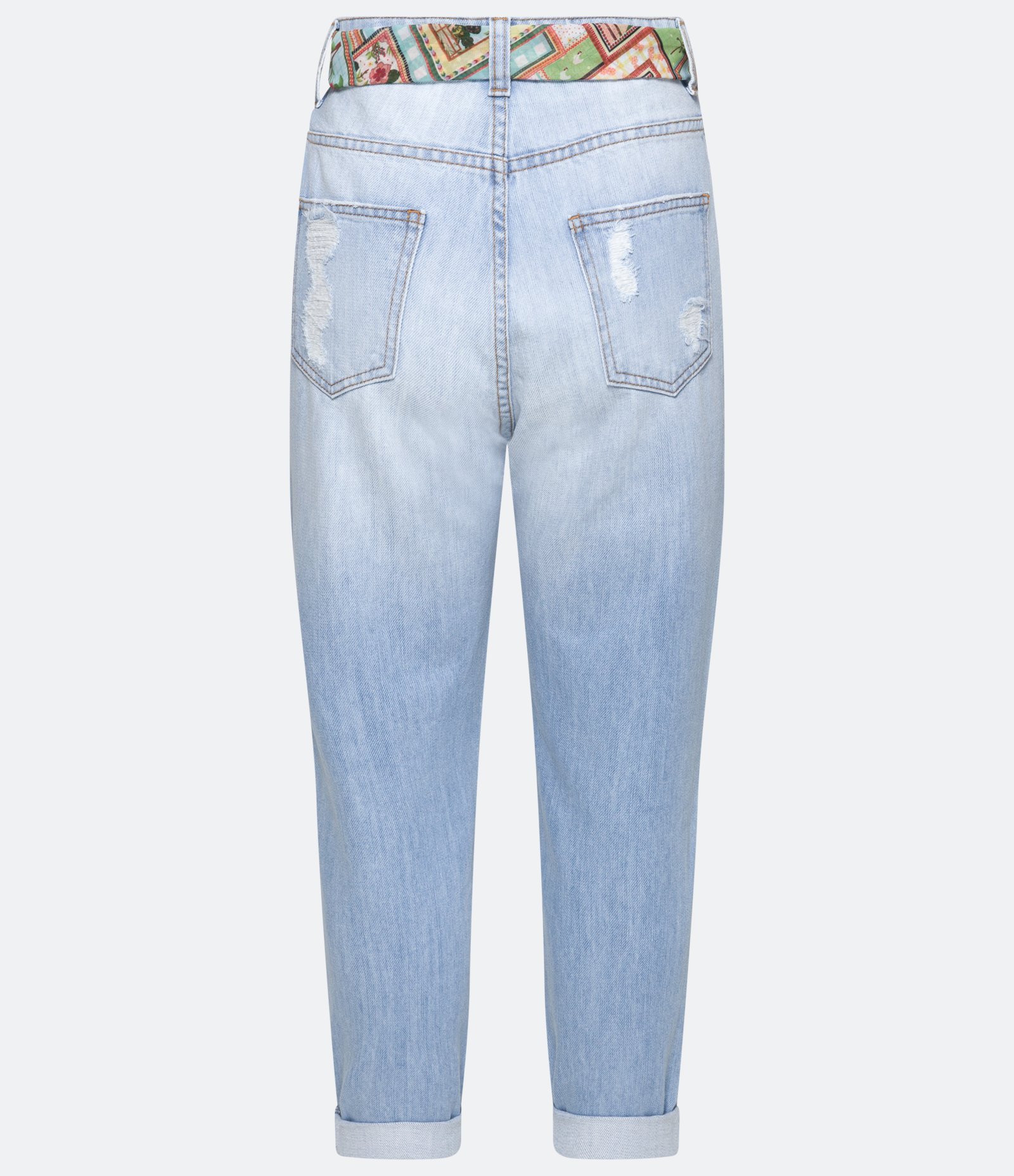 Calça Mom Jeans com Puídos e Cinto de Lenço Azul 7