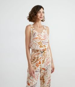Blusa Regata em Viscolinho com Estampa de Folhagem
