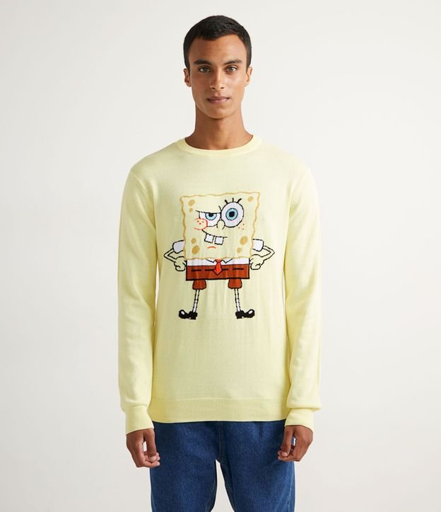 Blusão Suéter em Tricô com Estampa Bob Esponja