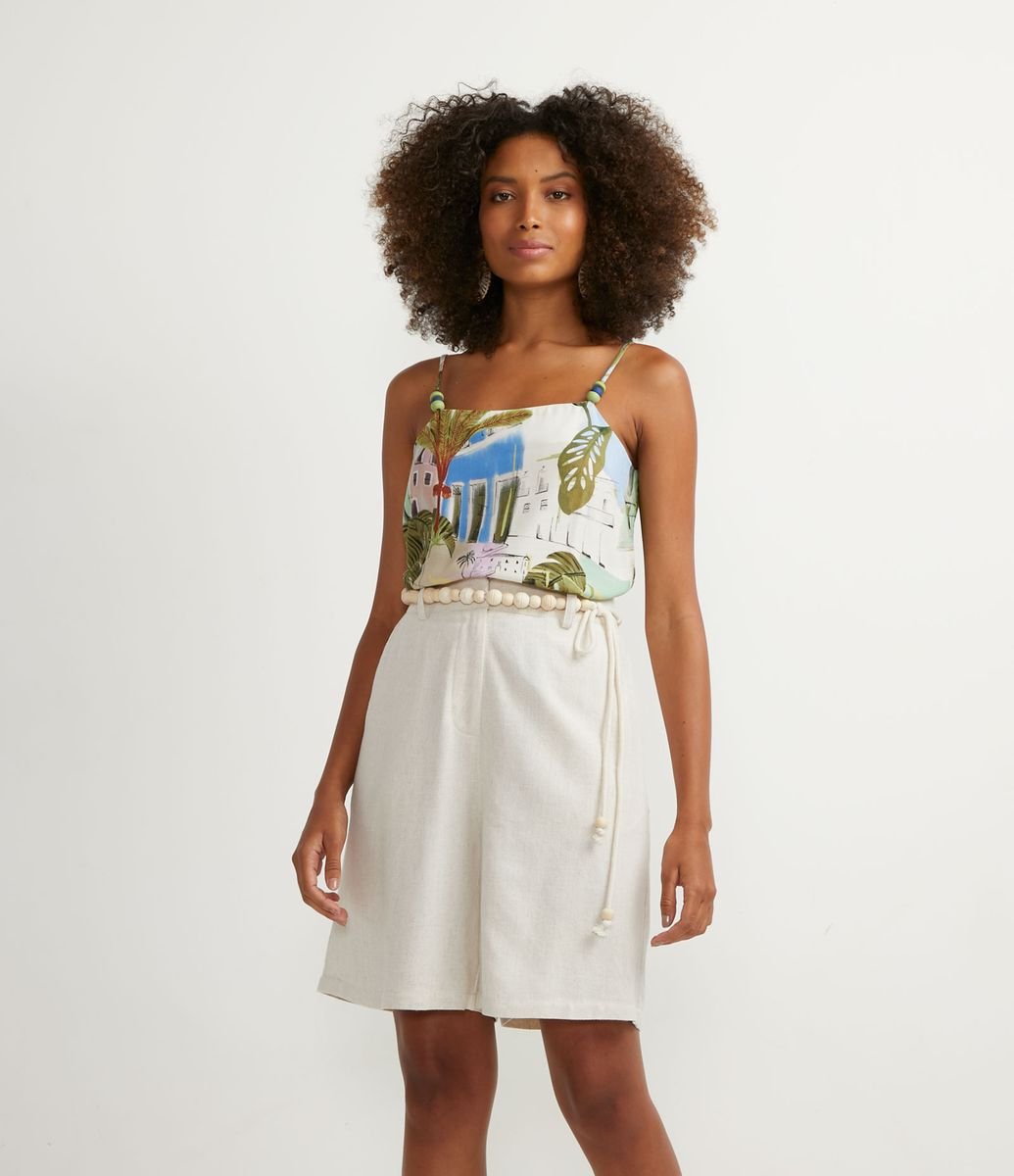 Blusa Regata em Viscose com Estampa de Folhagem e Aviamentos Menor preço em Blusa Regata em Viscose com Estampa de Folhagem e Aviamentos