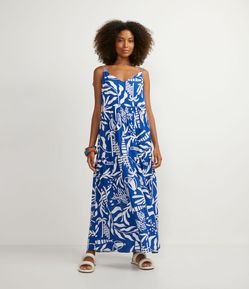 Vestido Longo em Viscose com Estampa de Desenhos Figurativos