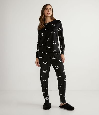 Pijama Longo em Plush com Estampa de Carinhas Preto - Renner