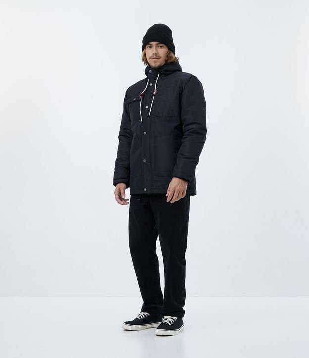 Campera Pesada con Capucha y Cierre por Botones y Cremallera Negro 2