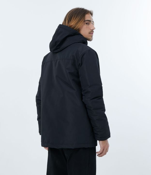 Campera Pesada con Capucha y Cierre por Botones y Cremallera Negro 3