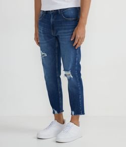 Calça Skinny Cropped em Jeans Destroyed