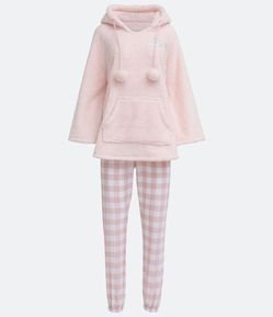 Pijama Longo em Fleece Blusa com Capuz e Calça Xadrez
