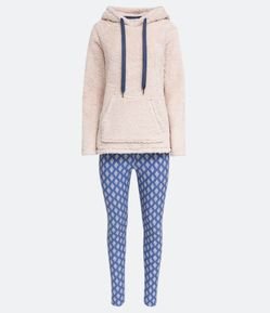 Pijama Longo em Fleece Blusa com Capuz e Calça Legging