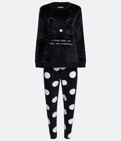 Pijama Longo em Fleece com Bordado de Gato e Estampa Poá