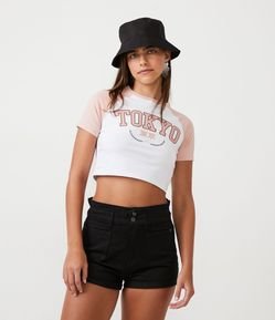 Blusa Cropped em Algodão com Estampa Tokyo