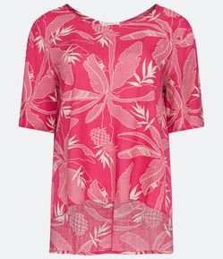 Blusa Manga Curta em Viscose com Estampa de Folhagem