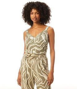 Blusa Regata em Viscolinho Com Alça Drapeada e Estampa Abstrata