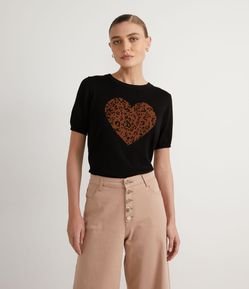 Blusa em Tricô com Estampa de Coração Animal Print Onça