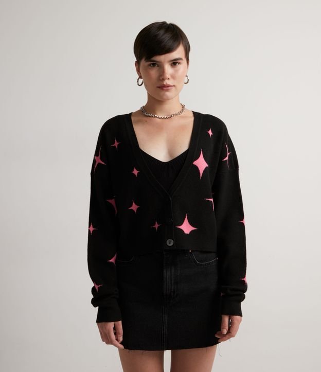 Cardigan Cropped en Tejido de Punto con Estampado de Estrellas Negro 1