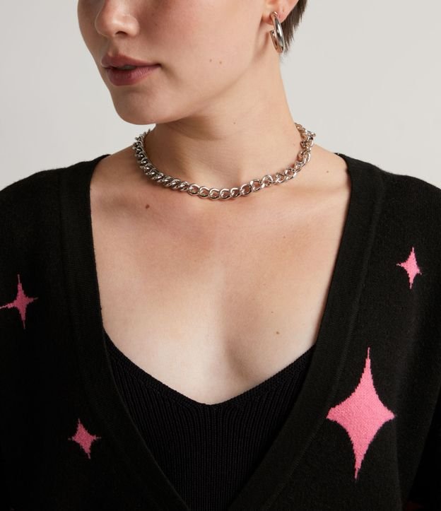 Cardigan Cropped en Tejido de Punto con Estampado de Estrellas Negro 3