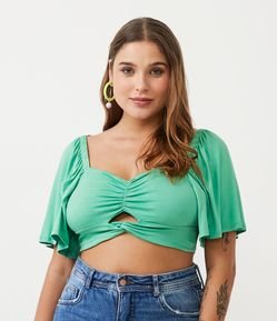 Blusa Cropped Manga Curta Godê com Franzido no Decote