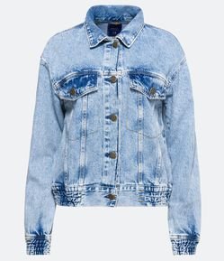 Jaqueta Jeans com Bolso Frontal e Costura Contrastante