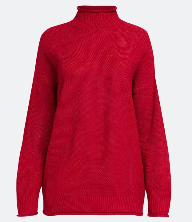 Suéter Alargado en Tejido de Punto Texturizado con Cuello Alto Rojo 5