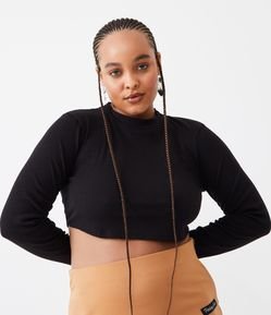 Blusa Cropped em Ribana com Manga Longa e Barra Arredondada