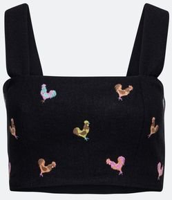 Blusa Regata Cropped em Linho com Bordado de Galinhas