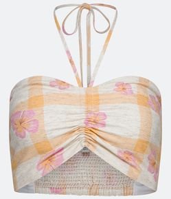 Blusa Regata Cropped com Estampa Floral Xadrez