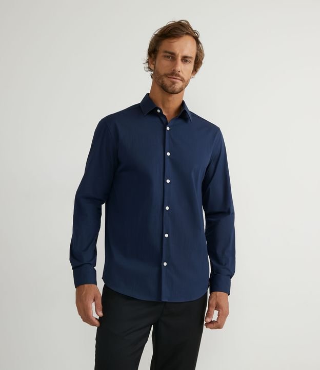 Camisa Regular Social em Algodão com Textura de Listras - Cor: Azul Escuro - Tamanho: P