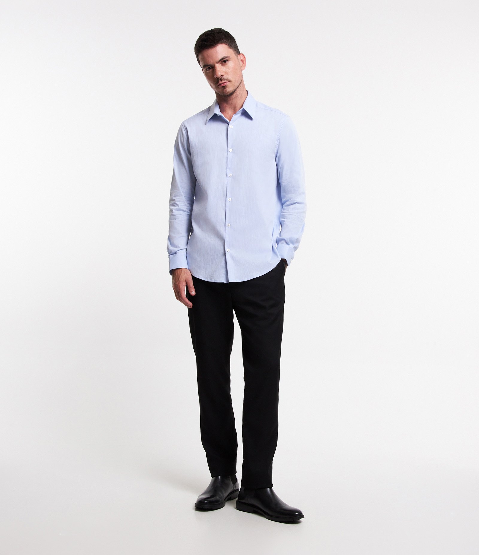 Camisa Regular Social em Algodão com Textura de Listras Azul Claro 2