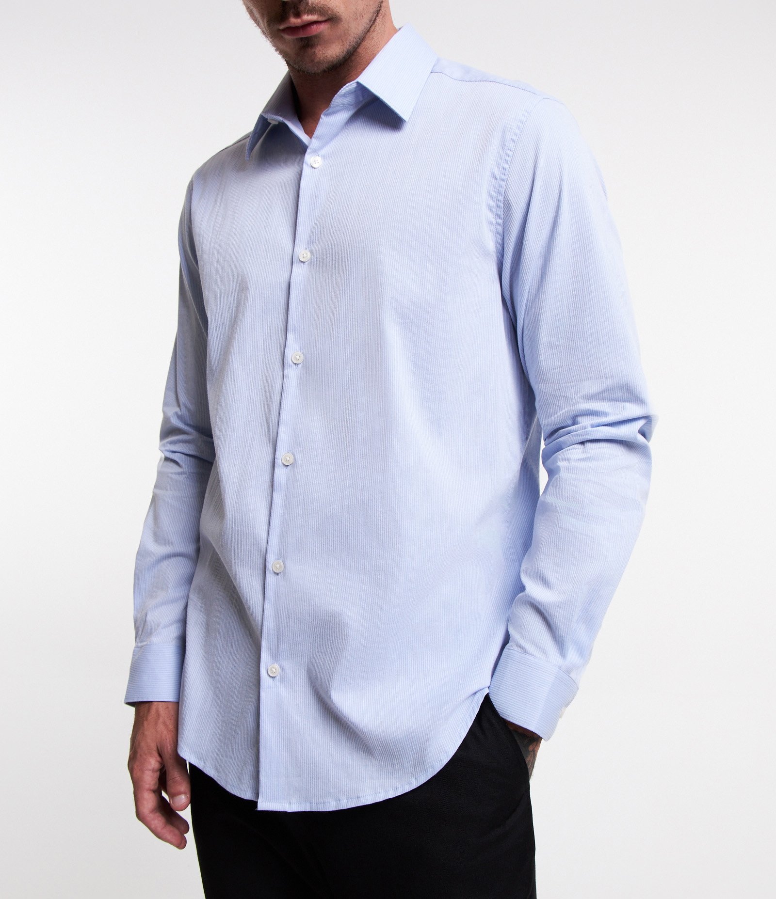 Camisa Regular Social em Algodão com Textura de Listras Azul Claro 3