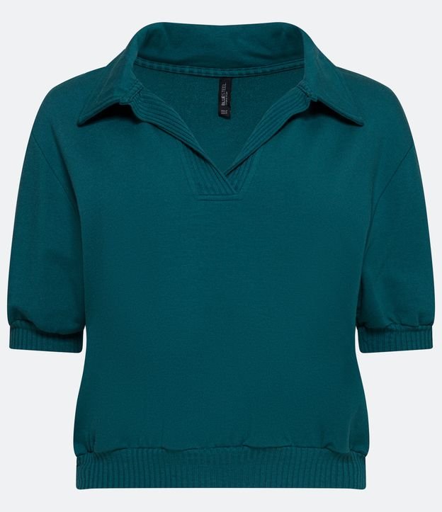 Blusa Cropped en Algodón con Cuello Polo y Detalles Acanelados Verde 5