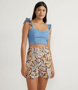 Blusa Regata Cropped Jeans com Babado na Alça e Lastex nas Costas
