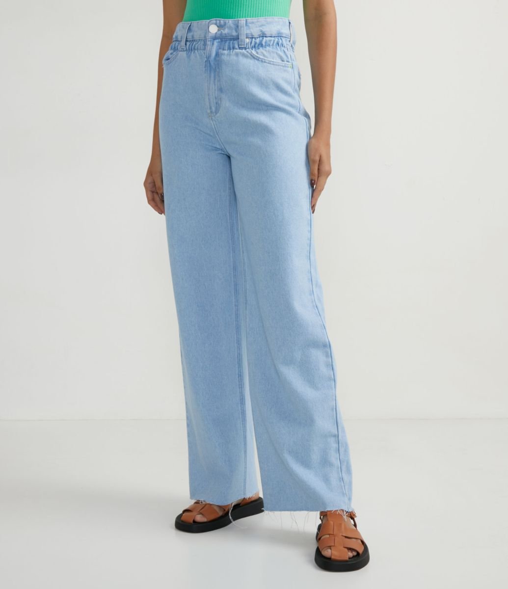 Pantalón Wide Leg Jeans con Elástico Abajo de la Cintura Azul