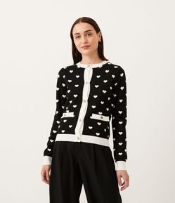 Cardigan em Tricô com Estampa de Corações e Detalhes Contrastantes