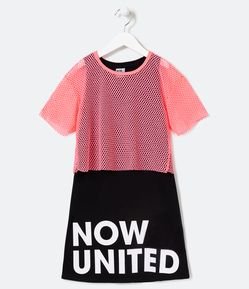Vestido Infantil com Blusa Sobreposição em Tela Neon e Estampa Now United - Tam 9 a 14 anos