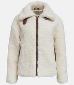 Jaqueta Alongada Peluciada com Detalhes em Material Sintético