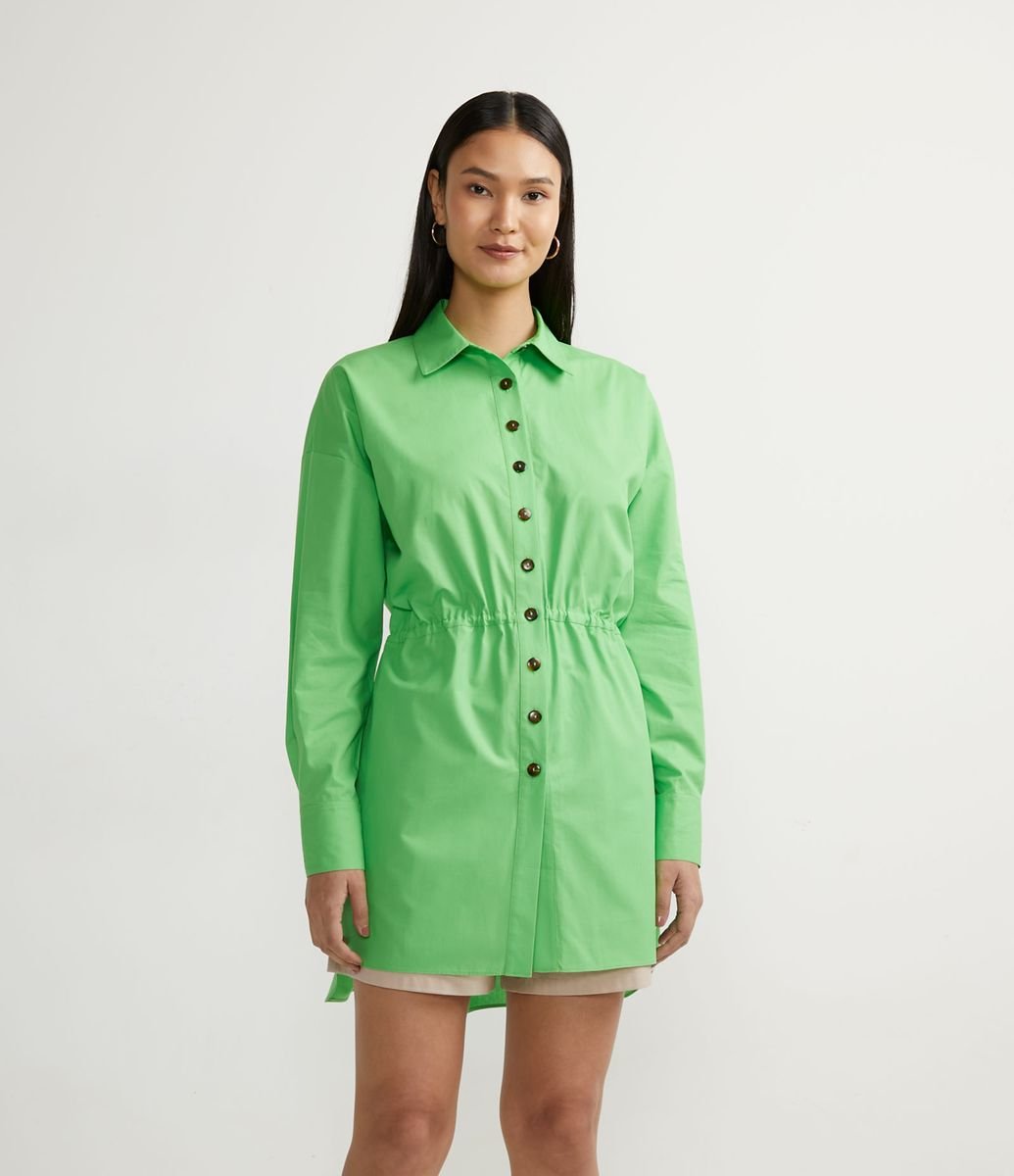Camisa Alongada em Tricoline com Botões Contrastantes e Amarração na Cintura Menor preço em Camisa Alongada em Tricoline com Botões Contrastantes e Amarração na Cintura