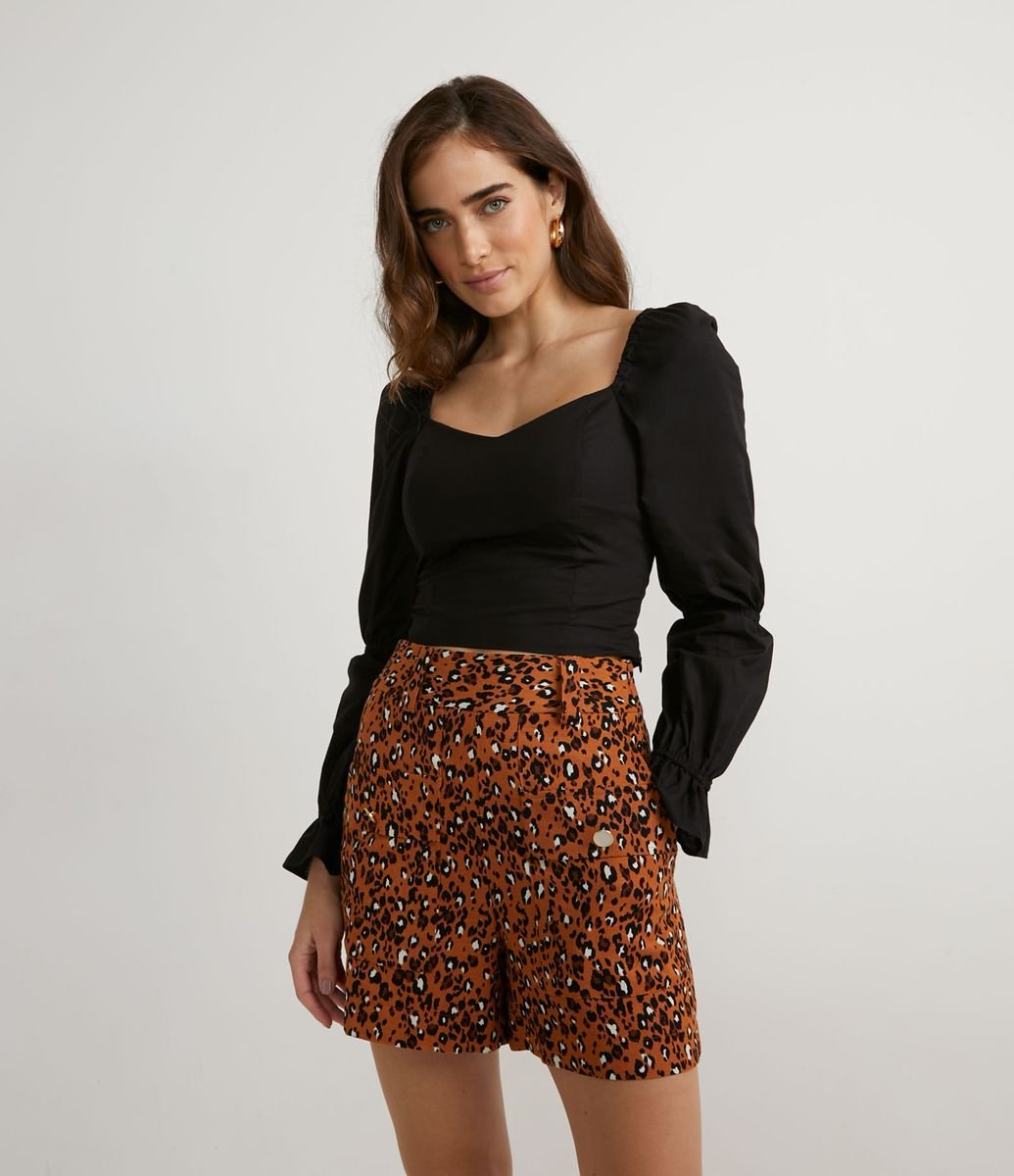 Blusa Cropped em Tricoline com Babado nas Mangas Menor preço em Blusa Cropped em Tricoline com Babado nas Mangas