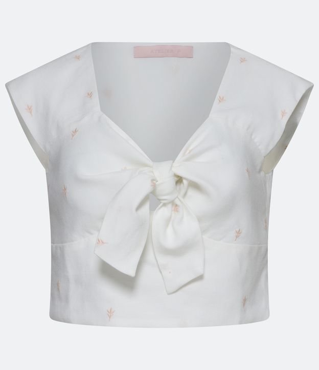 Blusa Cropped em Linho com Amarração no Decote e Bordado Branco 6