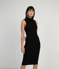 Vestido Midi Básico em Algodão Canelado com Gola Alta