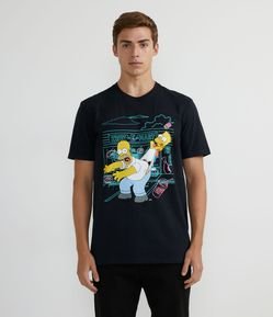 Camiseta Manga Curta em Meia Malha com Estampa Homer e Bart Simpson