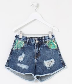 Short Infantil em Jeans com Detalhe em Paetês nos Bolsos - Tam 5 a 14 anos