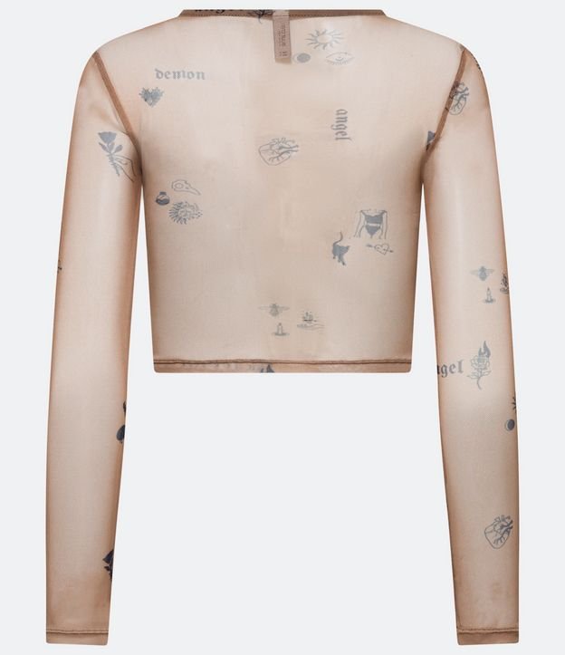Blusa Cropped em Tule com Estampas de Tatuagens Bege 6