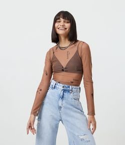 Blusa Cropped em Tule com Estampas de Tatuagens