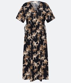 Vestido Midi em Tricoline com Estampas de Coqueiros Abstratos