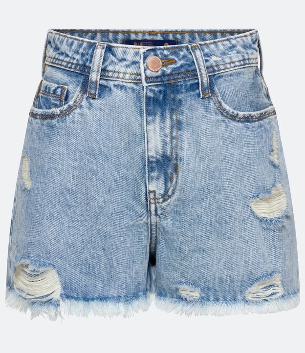 Short Cintura Alta Jeans Jaspeado con Desgastes y Terminación Deshilachada Azul 5