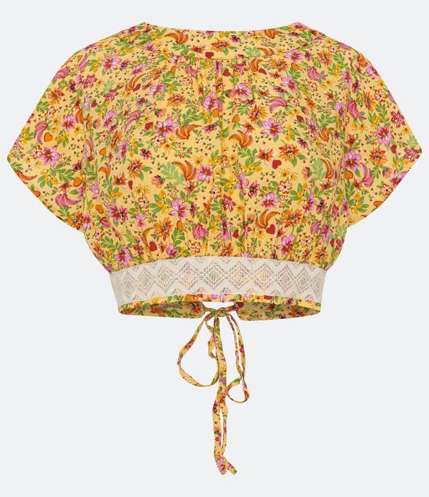 Blusa Cropped em Viscose com Estampa Floral e Amarração nas Costas Amarelo 5