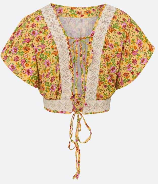Blusa Cropped em Viscose com Estampa Floral e Amarração nas Costas Amarelo 6