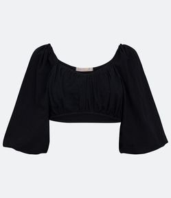 Blusa Cropped em Algodão com Manga 3/4 e Franzidos no Busto