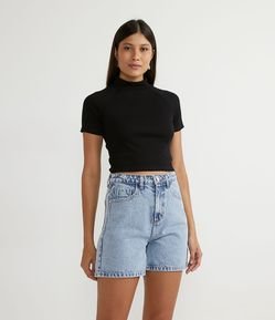 Blusa em Viscose Canelada com Gola Alta e Manga Raglan